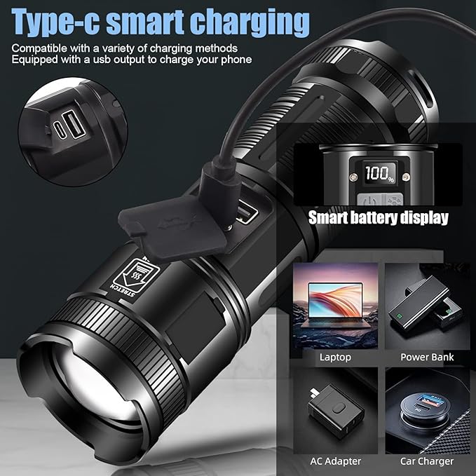 Super Power LED Flashlight – Zoomable, Rechargeable, Metal Body with Power Bank, 8–12 Hrs Battery Backup