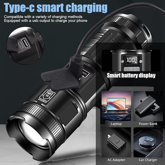 Super Power LED Flashlight – Zoomable, Rechargeable, Metal Body with Power Bank, 8–12 Hrs Battery Backup