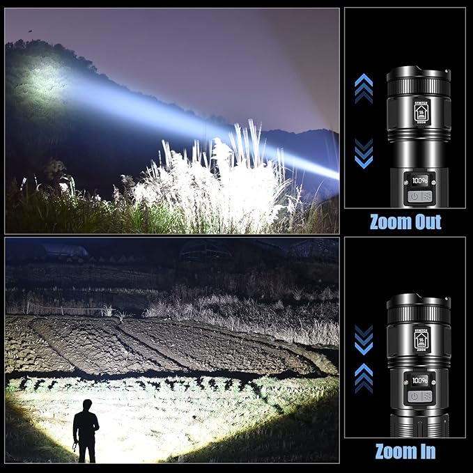 Super Power LED Flashlight – Zoomable, Rechargeable, Metal Body with Power Bank, 8–12 Hrs Battery Backup