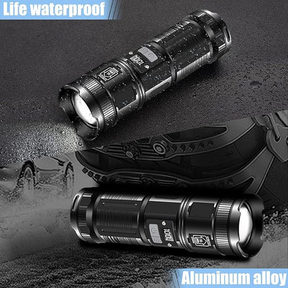 Super Power LED Flashlight – Zoomable, Rechargeable, Metal Body with Power Bank, 8–12 Hrs Battery Backup